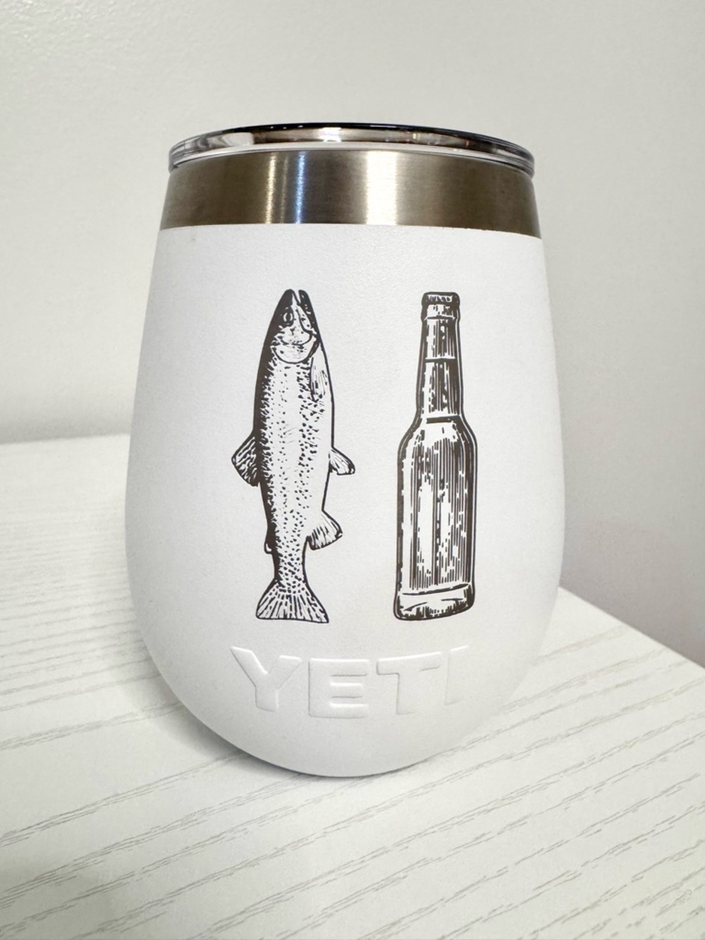 YETI White Insulated Tumbler with Fish & Bottle Lazer Engraved Design, 10 oz